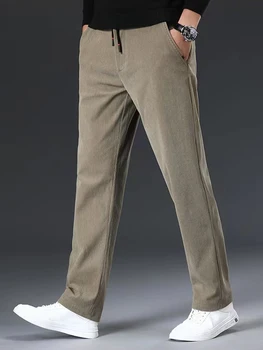 2023 Новые осенние мужские брюки в деловом стиле, повседневные, с окантовкой на талии, с завязками по центру, на молнии, Вельветовые брюки, Полуширокие Прямые Длинные брюки