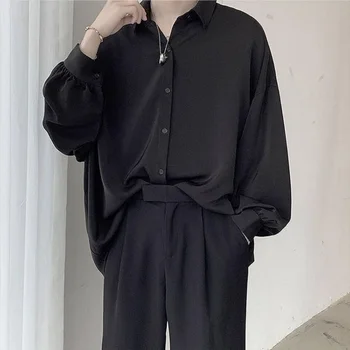 2023 Черные рубашки с длинными рукавами, мужские корейские удобные блузки, повседневная свободная однобортная рубашка с галстуком