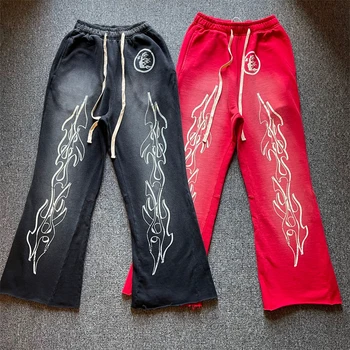 2023ss 2023fw Hellstar Studios Красные расклешенные спортивные брюки Мужчины Женщины из тяжелой ткани в стиле пэчворк Винтажные штаны для бега трусцой Одежда
