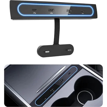 Автомобильное USB-зарядное устройство с несколькими портами для Tesla Model 3 / Y 2021 2022 Аксессуары USB-концентратор с синей светодиодной подсветкой Адаптер для центральной консоли