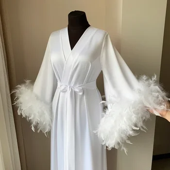 Белый Будуарный свадебный Макси-халат длиной до пола, халаты, длинный халат из перьев, шелковое белье с пятнами, платье невесты для девичника