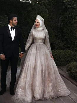 Блестящие мусульманские свадебные платья с пайетками с длинным рукавом и вуалью в тон, свадебные платья из Дубая, свадебное платье Vestidos De Novia