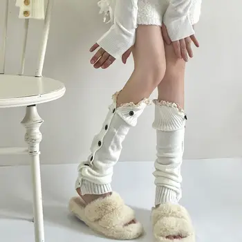 Весенне-осенние новые носки Sweet Girl's с пуговицами в ряд, хлопковые белые носки с вертикальной пуговицей в стиле Лолиты, теплые однотонные женские носки