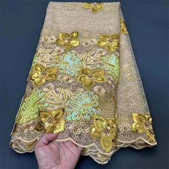 Вечерние платья с вышивкой из африканской кружевной ткани, тюль, вышитый бисером, 5 ярдов, Нигерийская сетка, блестки, золотая ткань шириной 130 см