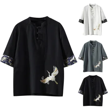 Винтажная рубашка с короткими рукавами и воротником, Летние блузки для мужчин, пряжка для одежды Tang, Летние блузки Hanfu Для мужчин, топы