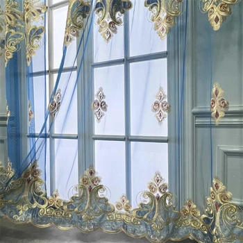Европа, Роскошная Придворная Синяя вышивка, Прозрачный тюль, шторы для гостиной, для спальни, Шторы для кухонных окон, шторы из вуали