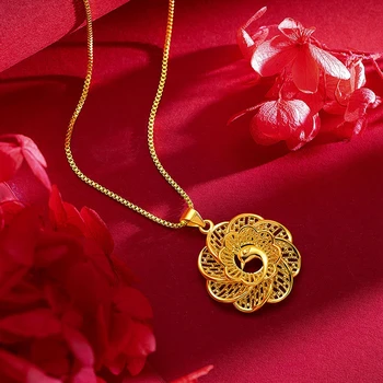 Женская цепочка с подвеской в стиле ретро с павлином, настоящее 18-каратное золото, ювелирный подарок в форме цветка в виде круга