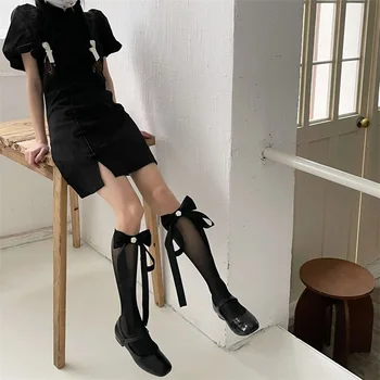 Женские гольфы до колена, эластичные мягкие прозрачные носки с бантом, чулки в стиле лолиты для уличной вечеринки (A-черный, 2 размера)