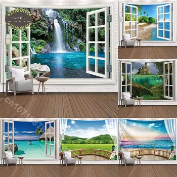 Имитация оконного пейзажа, Гобелен, Подвешенный на стену, Эстетическое украшение комнаты, Гобелены из тропического дерева, садовые плакаты для улицы