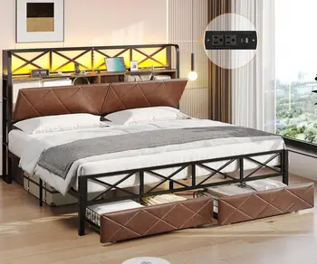 Каркас кровати на металлической платформе королевского размера со светодиодной подсветкой, кожаное изголовье с зарядной станцией, двуспальная кровать современного дизайна, Удобная кровать, коричневый