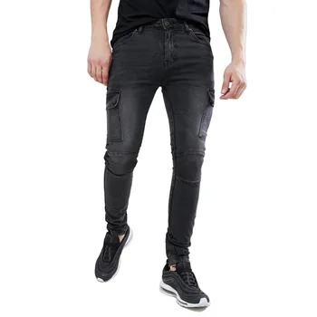 качественные джинсы мужские черные брюки-карго с несколькими карманами джинсовые брюки синий тонкий Fit Оверол мода повседневная уличная одежда Брюки