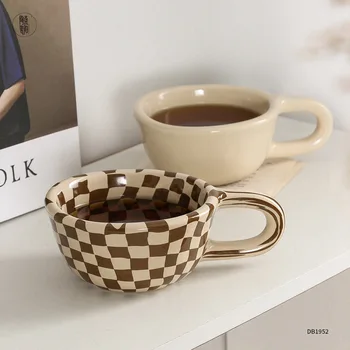 Корейская Нерегулярная Кофейная Керамическая чашка в шахматном порядке, Оптовая Продажа Офисной Кружки, Винтажная керамика для чашек высокого качества