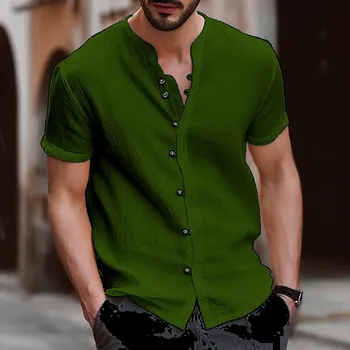 Летняя мужская повседневная хлопчатобумажная льняная рубашка в стиле ретро, с V-образным вырезом, с коротким рукавом, свободный топ, красивая рубашка