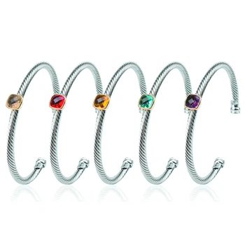 Модный открытый браслет из белой позолоченной латуни, Изящный Квадратный Разноцветный Кубический цирконий диаметром 7 мм, браслет с кабелем Twsit, ювелирные изделия для женщин
