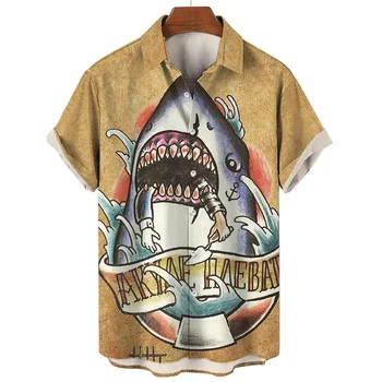 Мужская рубашка с 3D-принтом в виде животных, короткими рукавами на пуговицах и лацканах, мужская уличная одежда с гавайской акулой, новая мода