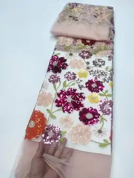 Новая розовая кружевная ткань в африканском стиле 5 ярдов с пайетками 2023, высококачественное французское тюлевое кружево, Нигерийский кружевной материал для свадебного платья