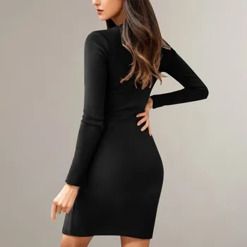 Новое рубчатое однотонное платье с длинным рукавом, облегающее макси-платье 2023, Осенняя сексуальная вечеринка, Элегантный Vestido, Черный халат Kleider.