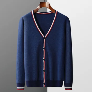 Осенне-зимний новый мужской кашемировый свитер с V-образным вырезом контрастного цвета, кардиган с длинными рукавами, свободное большое пальто, вязание из 100% чистой шерсти.