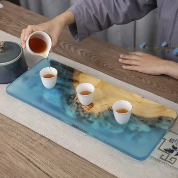 Поднос для чайных чашек из эпоксидной смолы в японском стиле, деревянный поднос для влажного сухого пузырькового стола, держатель для чайного сервиза кунг-фу для домашнего офиса
