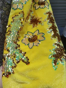 Роскошное издание 2023 года, Африканская кружевная ткань, Бархатная кружевная ткань, 3D вышивка желтыми блестками, Нигерийский тюль, сетчатая кружевная ткань для шитья