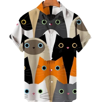 Рубашки с изображением кавайных кошек для мужчин, одежда с 3D-печатью, гавайские пляжные рубашки, Топы y2k с коротким рукавом, винтажная одежда, блузка с отворотом.