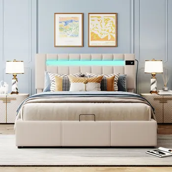 Светодиодная гидравлическая кровать для хранения, мягкая кровать размера Queen Size, Bluetooth-плеер и USB-зарядка, бежевая бархатная ткань