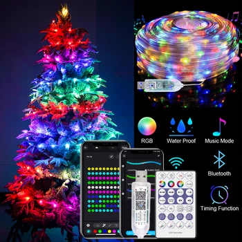 Светодиодные разноцветные Гирлянды, 10 м 100 светодиодов, 5 В Адресуемые водонепроницаемые гирлянды для штор, рождественские гирлянды с дистанционным управлением и Bluetooth