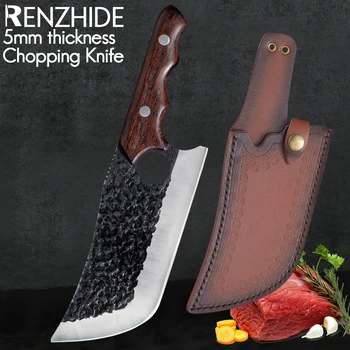 Тесак из кованой стали RZD Разделочный нож для резки кожи толщиной 5 мм, чехол для ножа, Ножны для мяса, Рыбных костей, Инструменты для кемпинга и пешего туризма