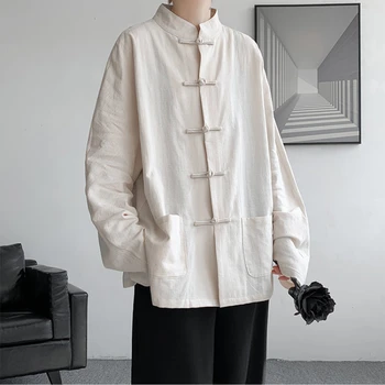 Традиционная китайская одежда, мужская хлопчатобумажная льняная рубашка, однотонная повседневная винтажная куртка, восточное мужское пальто Tang, топ