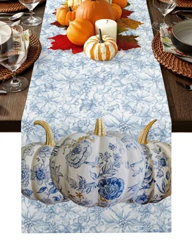Тыква на День Благодарения, сине-белая керамическая настольная дорожка, Свадебная скатерть для обеденного стола, салфетка для столовых приборов, декор для домашней кухни