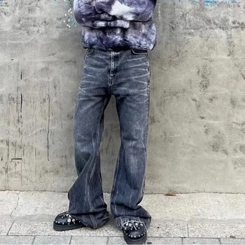 Уличная одежда, Выстиранная Винтажная заплатка с рваными дырами, Мешковатые джинсы Y2k для мужчин, мужские прямые повседневные джинсовые брюки Оверсайз