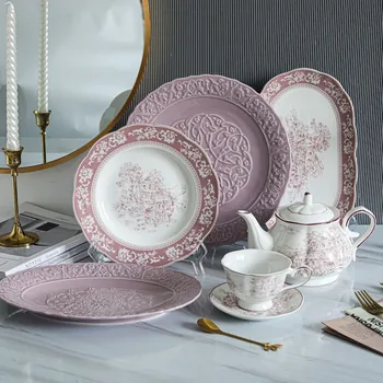 Фиолетовая керамическая посуда с тиснением, французская винтажная круглая тарелка для стейка из спагетти, рыбный диск, кофейные чашки, блюдца, чайник