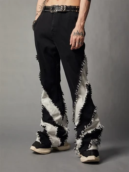 Чувство дизайна, черно-белые облегающие джинсовые брюки в стиле пэчворк, выстиранные щеткой, Повседневные мужские и женские Модные расклешенные