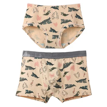 2 Мужских и женских комплекта двойных трусиков Плоские брюки из хлопчатобумажной ткани с принтом, трусики с четырьмя углами, U-образный дизайн, лето