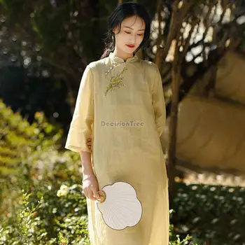 2023 китайский национальный стиль ретро вышивка фея свободное платье чонсам дзен халат женское элегантное длинное платье с коротким рукавом g912