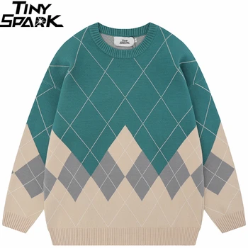 2023 Мужская уличная одежда, вязаный свитер, ретро клетчатый свитер в стиле пэчворк, хип-хоп пуловер, хлопковый свитер в стиле харадзюку, мягкий Y2K в стиле пэчворк