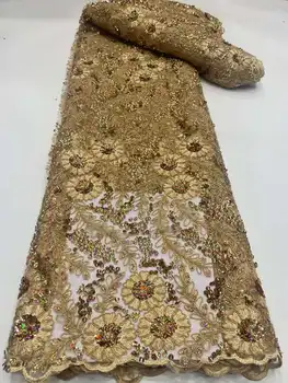 5 ярдов Африканского кружева с золотыми блестками, французского тюля 2023 года, высококачественной сетчатой ткани с аппликацией в нигерийском стиле для пошива платьев
