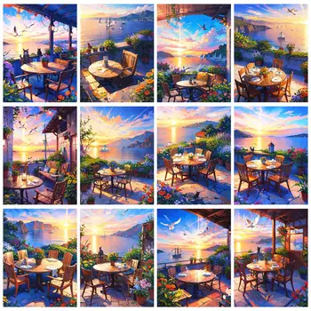 GATYZTORY Современная живопись по номерам Пейзаж с балкона на берегу моря, картины с цифрами, настенное искусство для взрослых, декор для дома, подарок