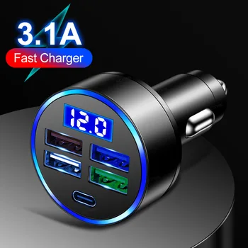 Автомобильное зарядное устройство AMPrime 4 порта 15 Вт USB Type-C со светодиодным цифровым дисплеем, переходник для автоматической зарядки мобильного телефона с определением напряжения
