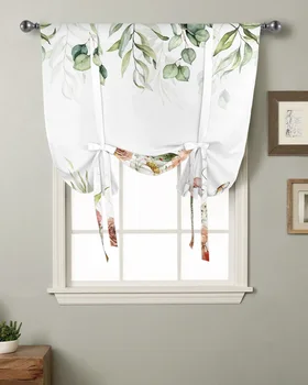 Весенний цветок, лист Розы, акварель, Короткая кухонная занавеска на окно, современный домашний декор, маленькое окно, Римские шторы на завязках.