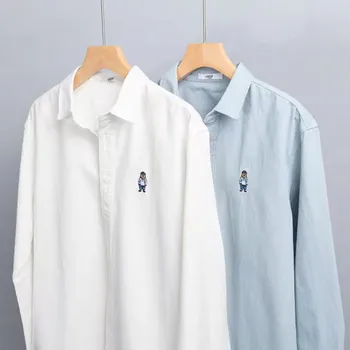 Высококачественная Весенняя Рубашка Мужская С Длинным Рукавом С Логотипом Медведя Повседневная Без Кармана Однотонная Бело-Синяя Рубашка Мужская Плюс Размер 4XL