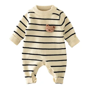Вязаный комбинезон для новорожденных, полосатый комбинезон с милым мишкой для мальчиков и девочек, осенне-зимняя одежда для младенцев, цельный комбинезон с длинными рукавами