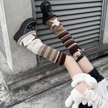 Гетры в полоску Star Y2K для девочек, осень-зима, Двухсторонние носимые вязаные носки до колена с ворсом, утепляющий чехол для ног