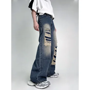 Дизайнерские рваные мужские джинсы, свободные прямые штанины, модный бренд Ins, Пара выстиранных широких брюк, джинсы для мужчин