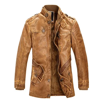 Европейская и американская куртка из искусственной кожи со стоячим воротником средней длины, застиранная мужская мотоциклетная кожаная куртка, плюшевая куртка