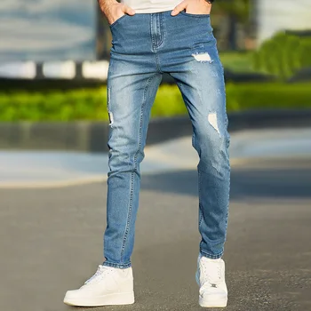 Европейские и американские мужские джинсы для хай-стрит, приталенный крой, джинсовые брюки с маленькими дырочками для ног, модные молодежные брюки с перфорацией