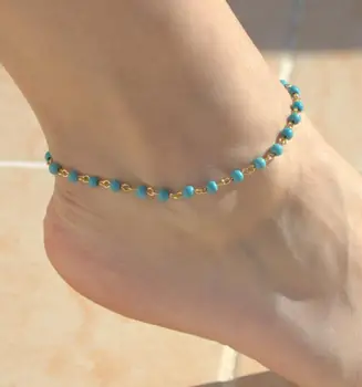 Женские ножные браслеты из натурального камня из нержавеющей стали 1ШТ Бирюзовые Ножные браслеты с цепочкой Регулируемый Браслет Летние Пляжные Украшения для ног F1641