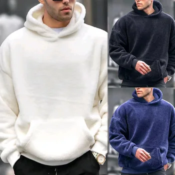 Зимние мужские Ins, фланелевый молодежный свитер с капюшоном из овечьей шерсти, модный однотонный теплый пуловер