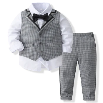 Комплект одежды для маленьких мальчиков на весну-осень, модный костюм джентльмена, Детские топы + Клетчатый жилет + Брюки + галстук, Бутик детской одежды BC1932
