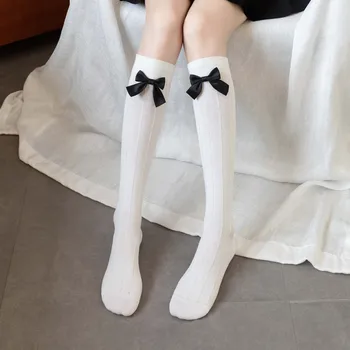 Кружевные носки средней длины, чулки для ног в стиле Лолиты, гольфы до колена с бантиком, винтажные вертикальные японские носки, Элегантные женские носки